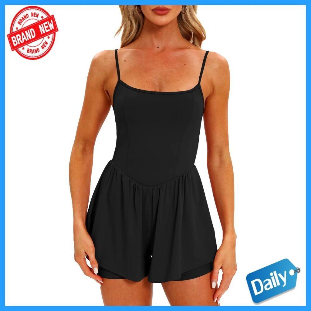 Medium Summer Romper with Spaghetti Straps, Built-in Shorts, and Pocket